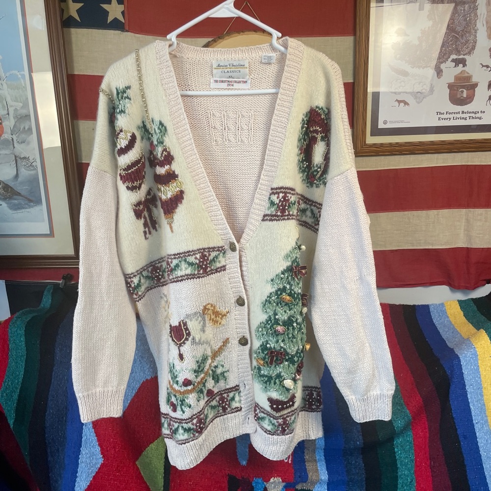 🧶 Vintage 1994 Marisa Christina Christmas Sweater | Beaded Holiday Cardigan XL